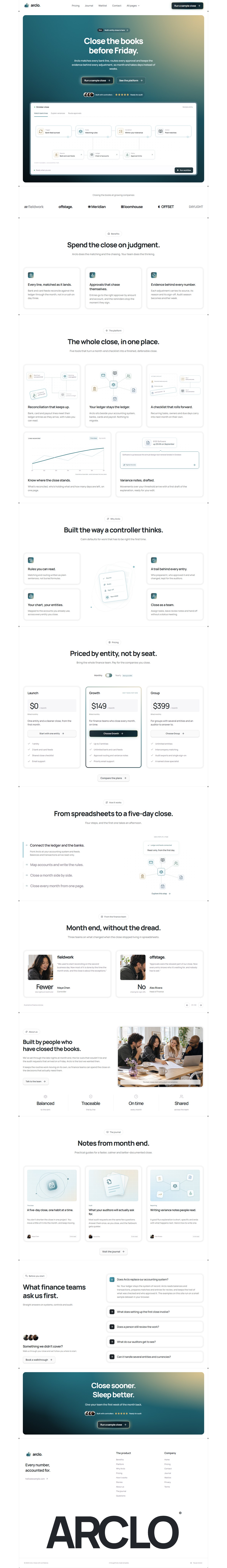 The Arclo landing page template on desktop, from the hero to the footer