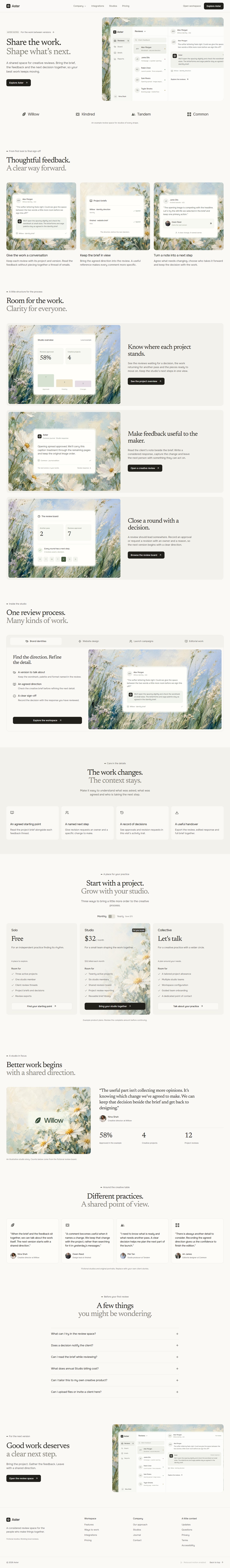 The Aster landing page template on desktop, from the hero to the footer