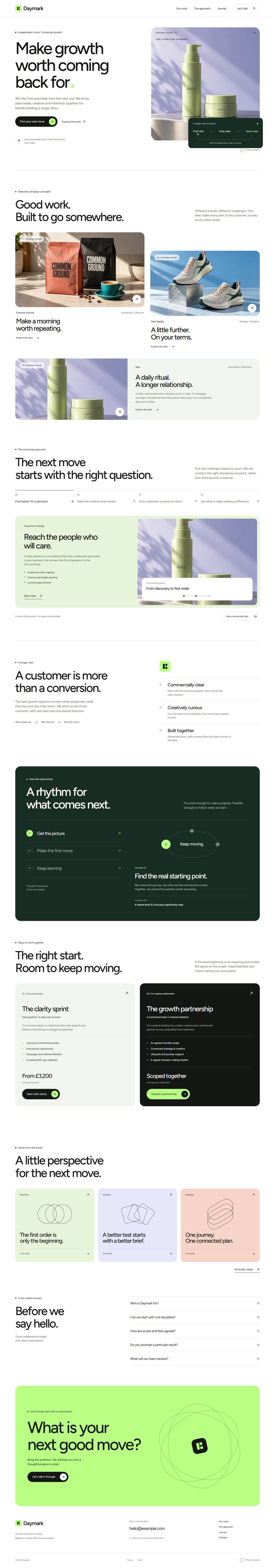 The Daymark landing page template on desktop, from the hero to the footer