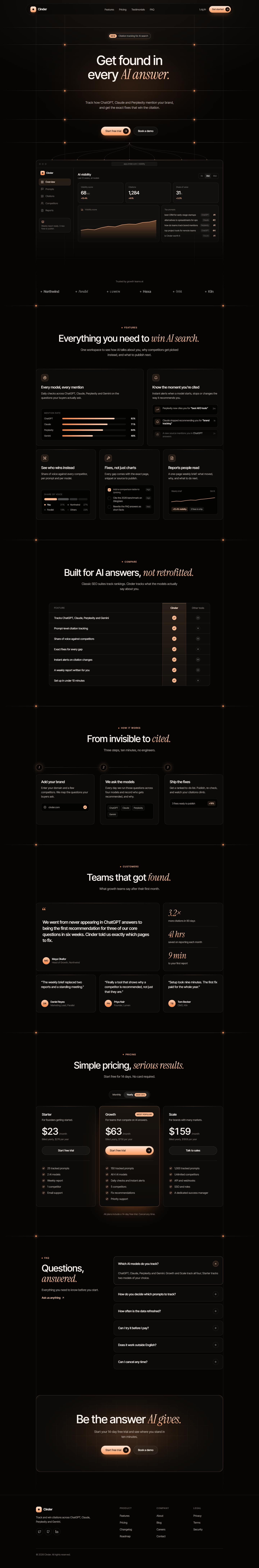 The Emberline landing page template on desktop, from the hero to the footer