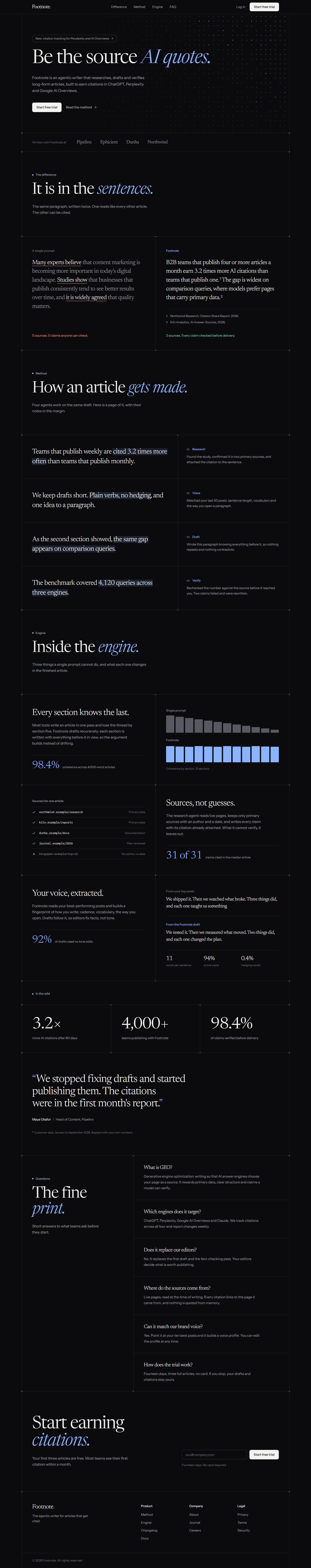 The Footnote landing page template on desktop, from the hero to the footer