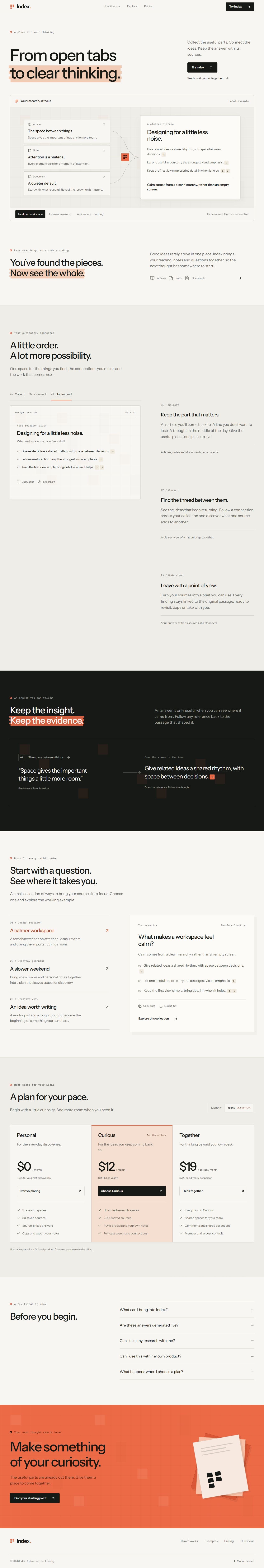 The Index landing page template on desktop, from the hero to the footer