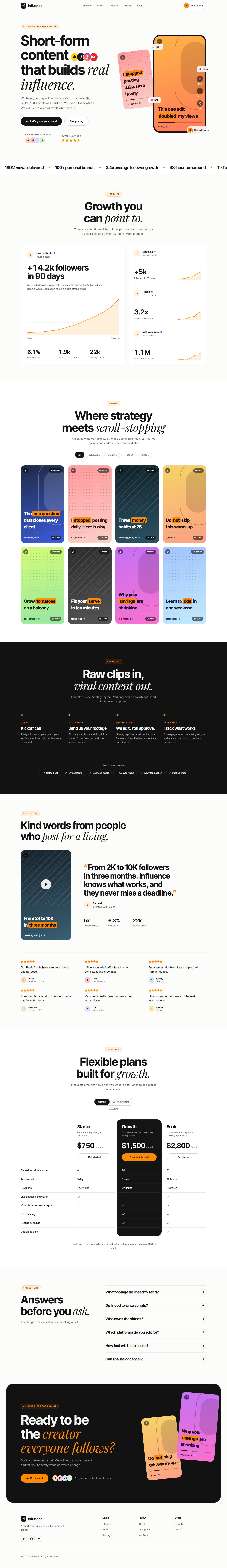The Influence landing page template on desktop, from the hero to the footer