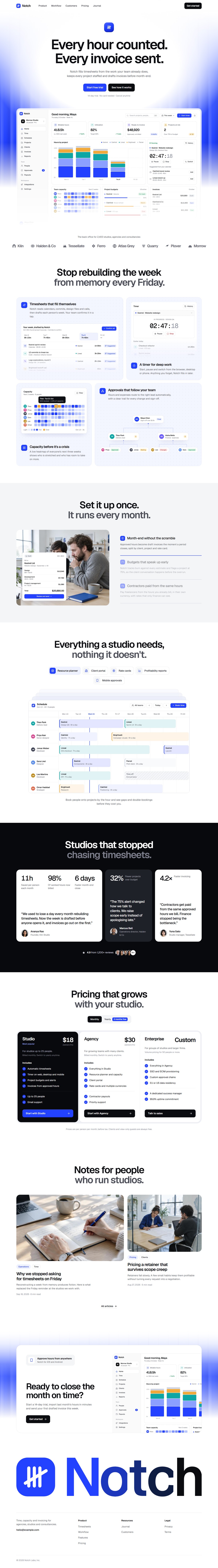 The Notch landing page template on desktop, from the hero to the footer