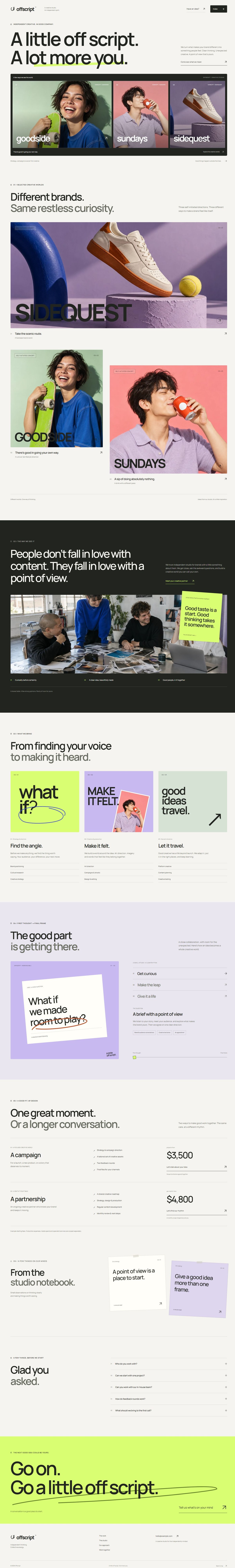 The Offscript landing page template on desktop, from the hero to the footer