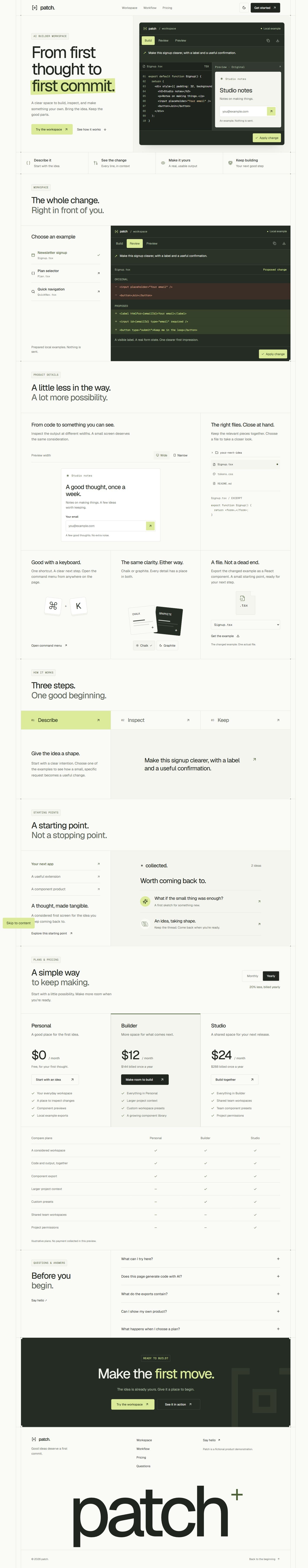 The Patch landing page template on desktop, from the hero to the footer