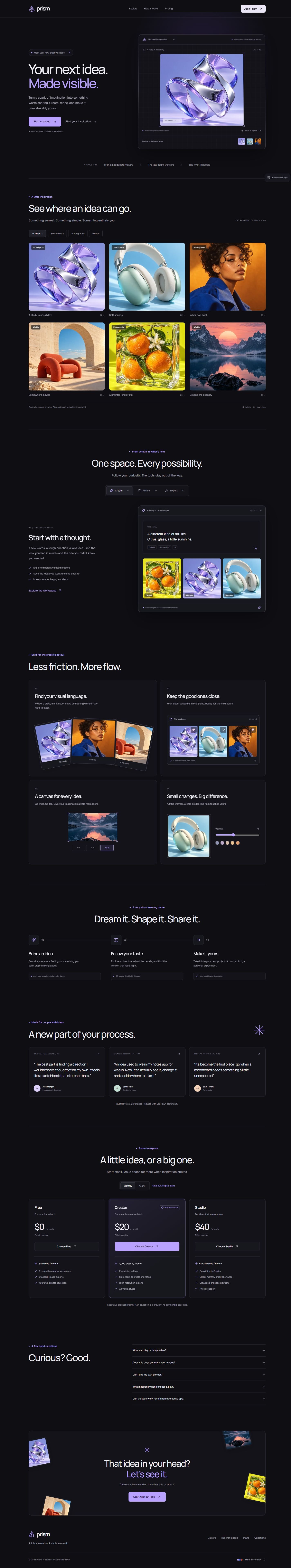 The Prism landing page template on desktop, from the hero to the footer