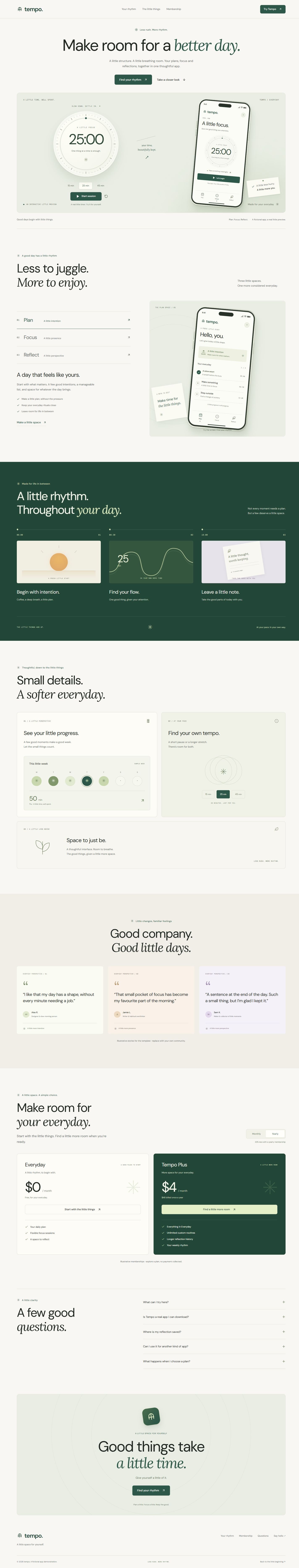 The Tempo landing page template on desktop, from the hero to the footer